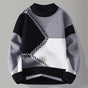 Unisex geometric patchwork crew neck sweater with long sleeves and ribbed trims