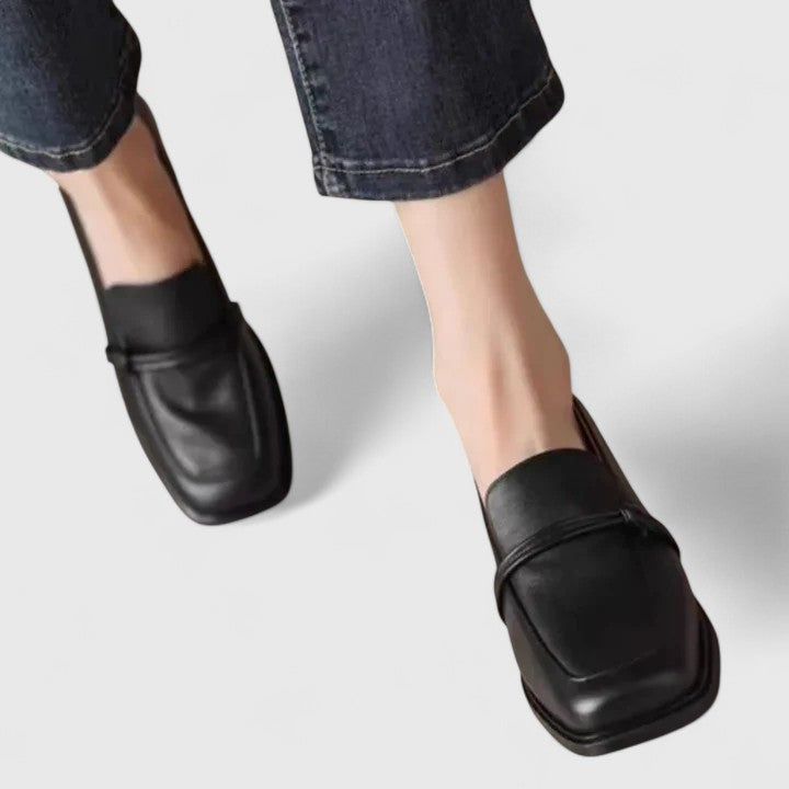 Women's square-toe slip-on loafer with low block heel and vamp strap detail