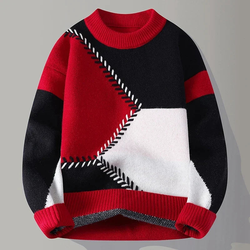 Unisex geometric patchwork crew neck sweater with long sleeves and ribbed trims