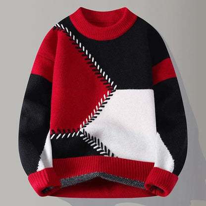 Unisex geometric patchwork crew neck sweater with long sleeves and ribbed trims