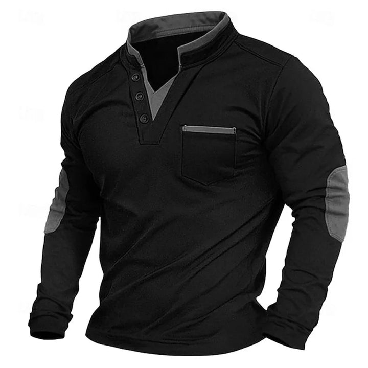 Men's V-neck pullover with chest pocket and contrast elbow panels