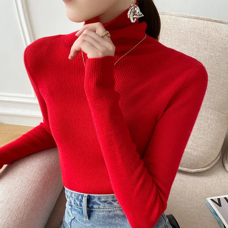 Women's ribbed turtleneck sweater with long sleeves and a slim fit