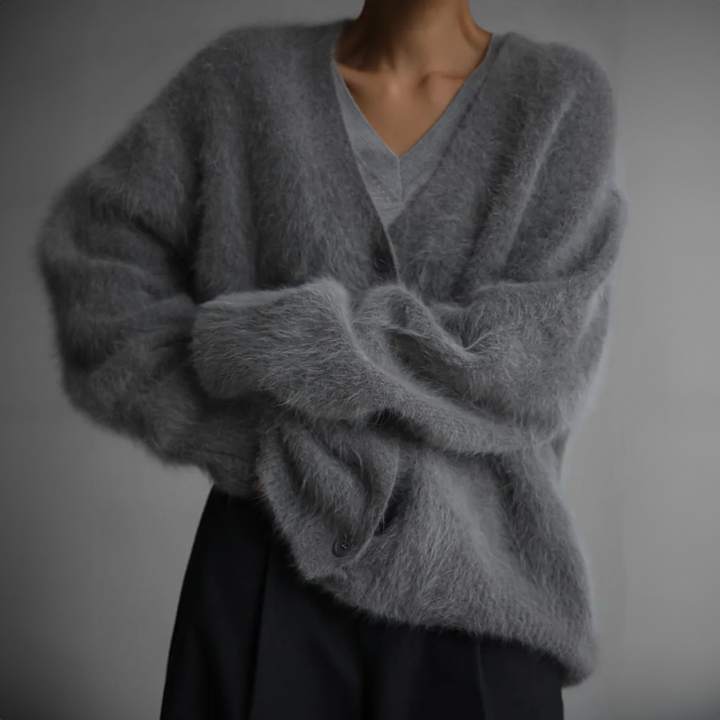 Women's loose fuzzy V-neck cardigan with button front
