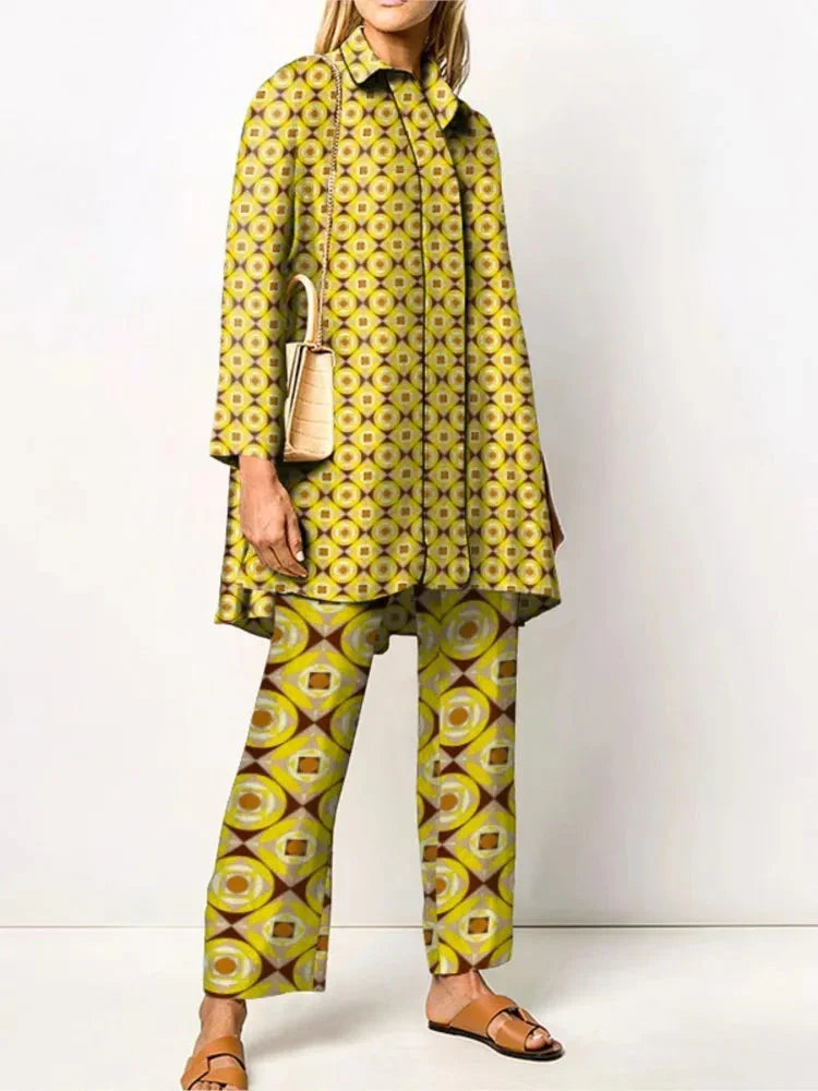 Women's geometric print blouse and wide-leg trousers two-piece set