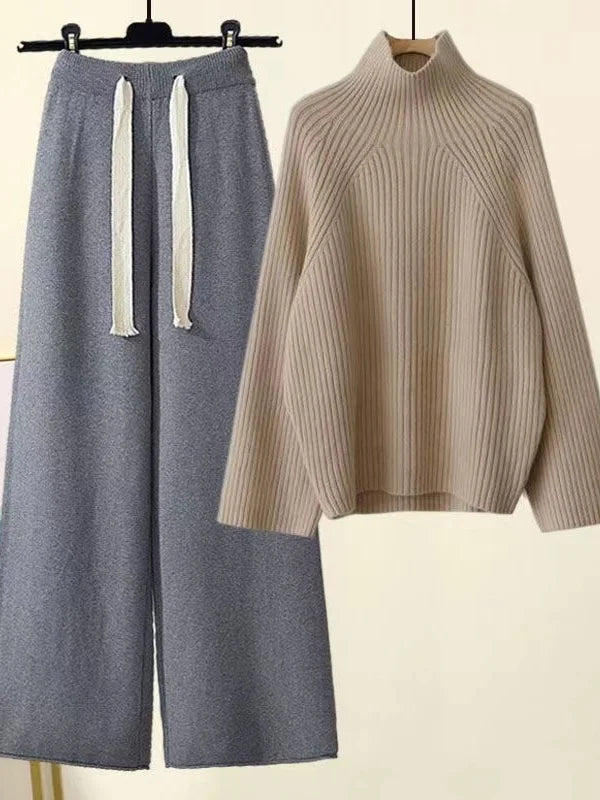 Women's ribbed turtle-neck sweater and wide-leg trouser set