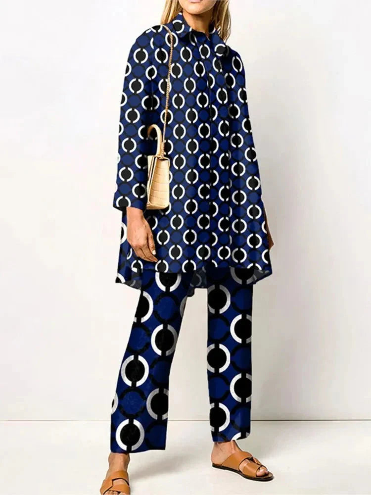 Women's geometric print blouse and wide-leg trousers two-piece set