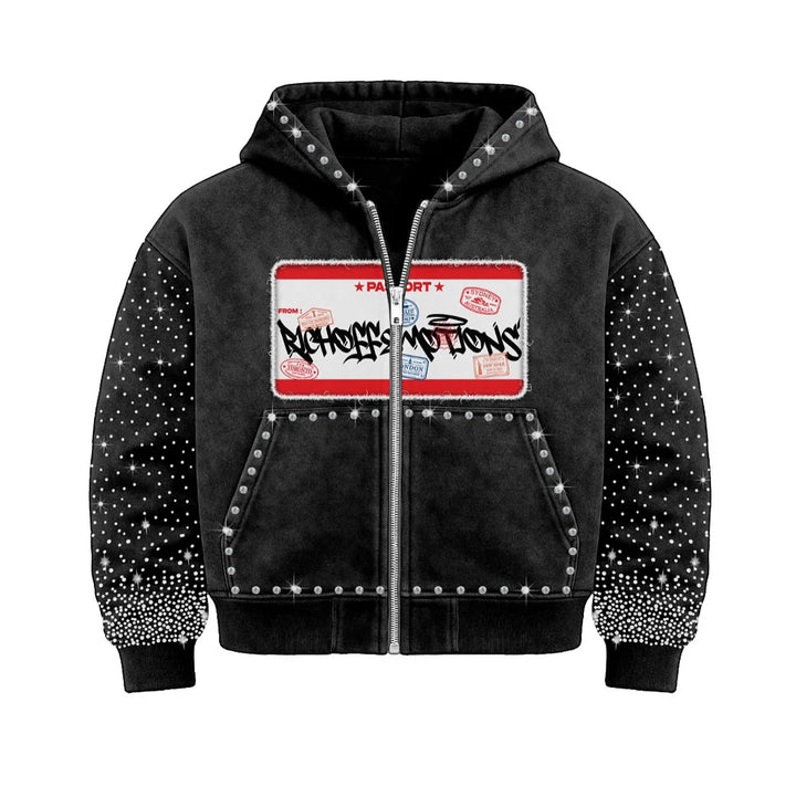 Men's black graphic zip hoodie with decorative sleeve detailing