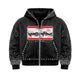 Men's black graphic zip hoodie with decorative sleeve detailing