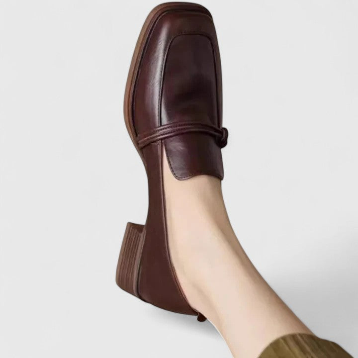 Women's square-toe slip-on loafer with low block heel and vamp strap detail