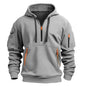 Men's hooded sweatshirt with half-zip front and multiple zip pockets