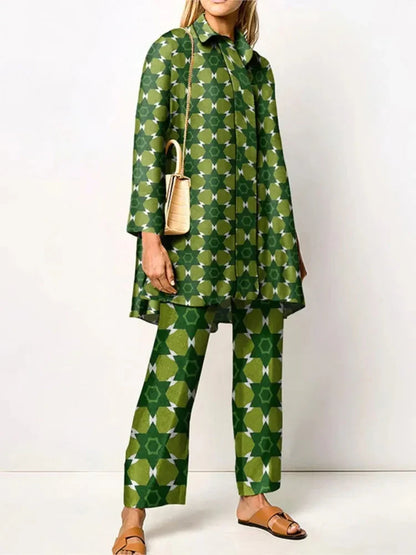 Women's geometric print blouse and wide-leg trousers two-piece set