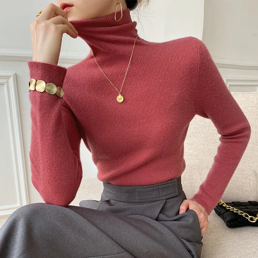 Women's ribbed turtleneck sweater with long sleeves and a slim fit