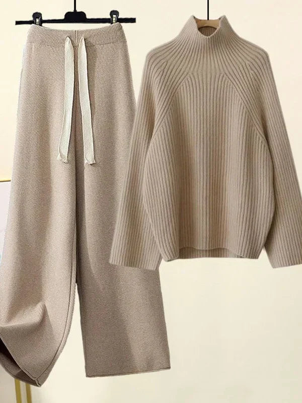 Women's ribbed turtle-neck sweater and wide-leg trouser set