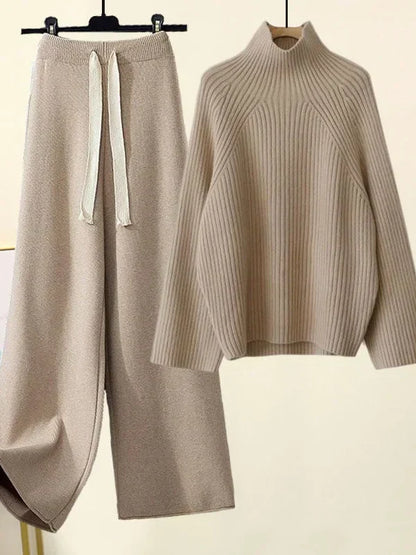 Women's ribbed turtle-neck sweater and wide-leg trouser set