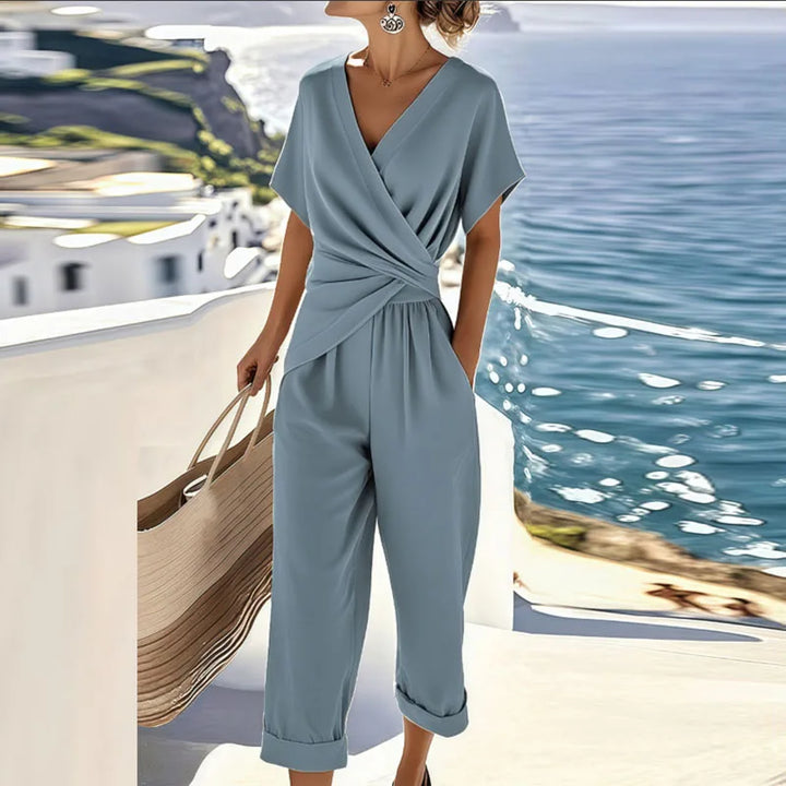 Women's Short-Sleeve V-Neck Jumpsuit – Casual Wide-Leg One-Piece 2