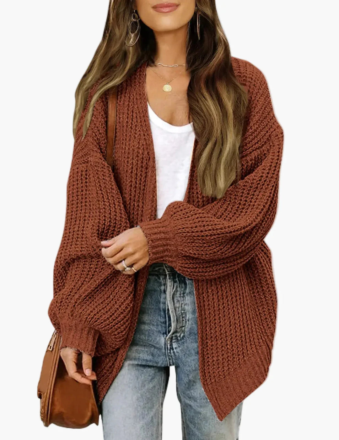 Women's oversized textured knit cardigan with long sleeves and open front