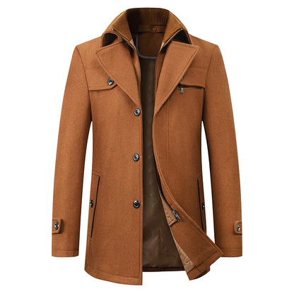 Men's textured stand collar coat with buttons, zip fastening and multiple pockets
