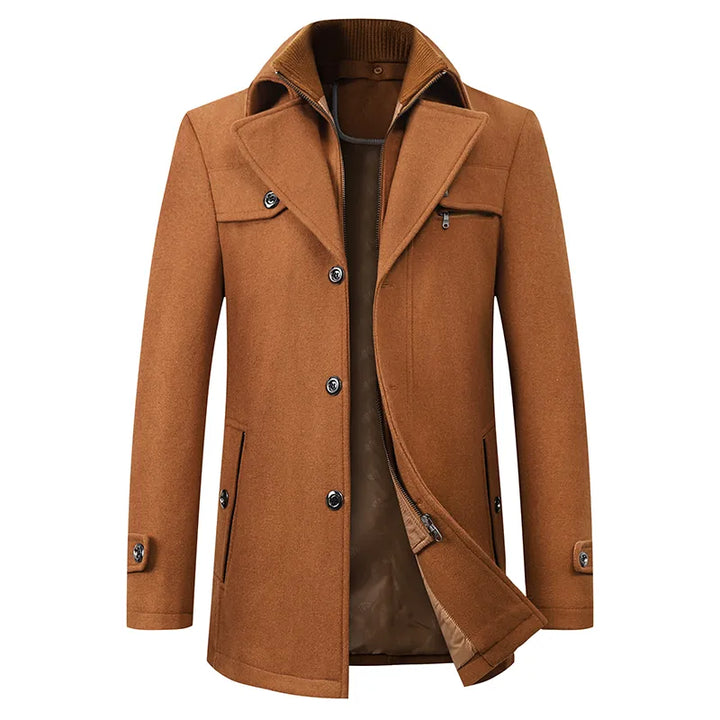 Men's textured stand collar coat with buttons, zip fastening and multiple pockets