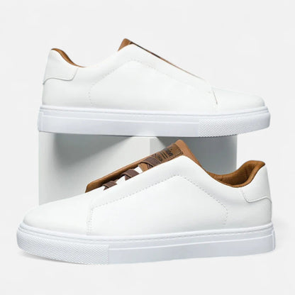 Men's low-top slip-on sneakers with stitched panels and flat white soles