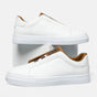 Men's low-top slip-on sneakers with stitched panels and flat white soles