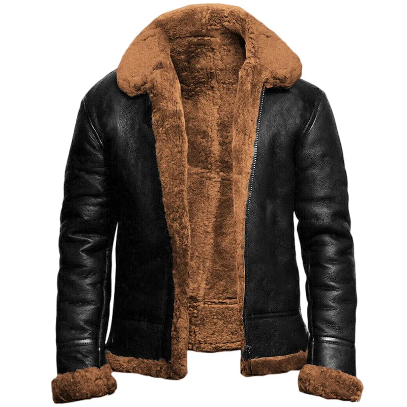 Men's hooded coat with plush lining, long sleeves and diagonal zip front