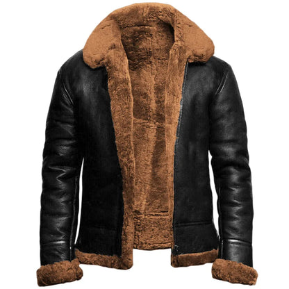 Men's hooded coat with plush lining, long sleeves and diagonal zip front