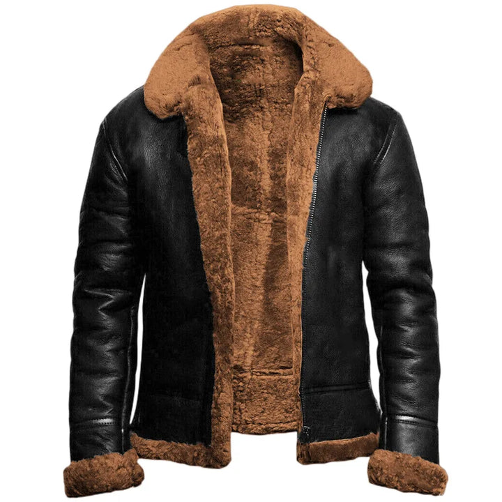 Men's hooded coat with plush lining, long sleeves and diagonal zip front