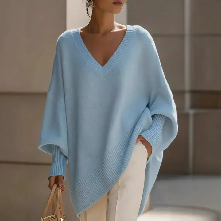 Women's oversized V-neck sweater with long sleeves and ribbed trim