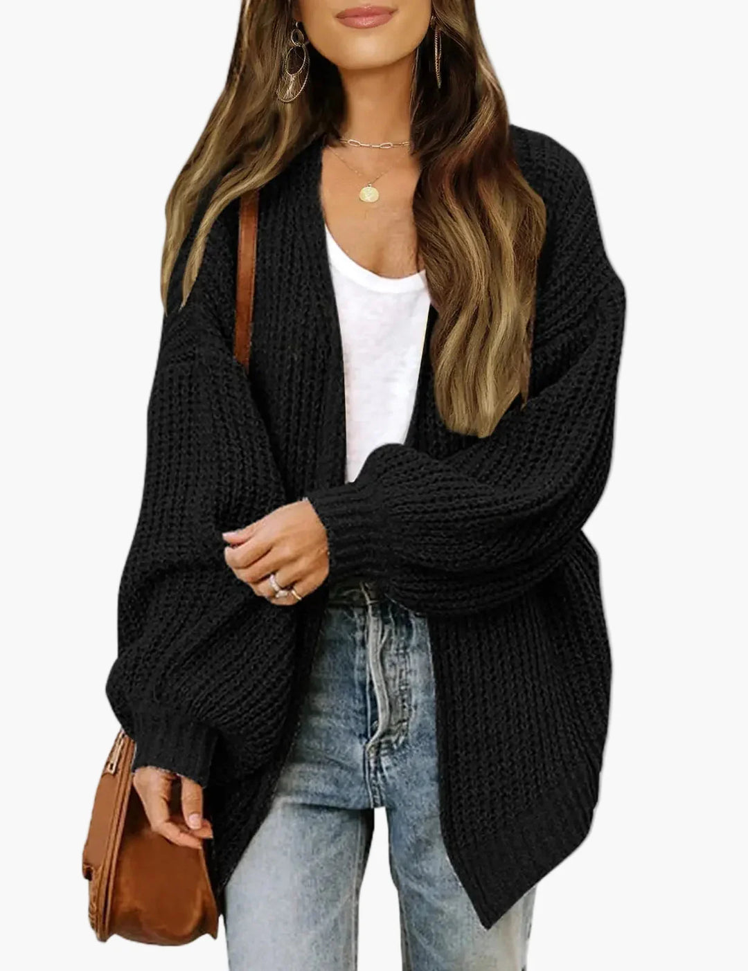 Women's oversized textured knit cardigan with long sleeves and open front