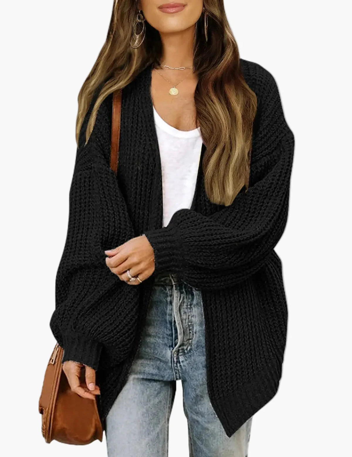 Women's oversized textured knit cardigan with long sleeves and open front