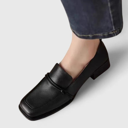 Women's square-toe slip-on loafer with low block heel and vamp strap detail