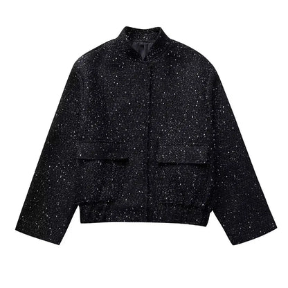 Women's textured tailored jacket with stand collar, zipper and flap pockets