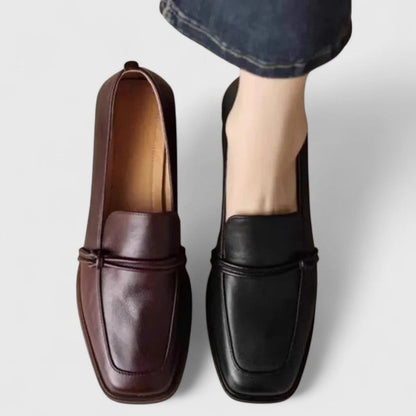Women's square-toe slip-on loafer with low block heel and vamp strap detail