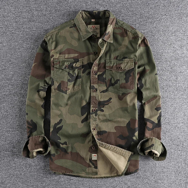 Men's camouflage button-up shirt with two chest pockets