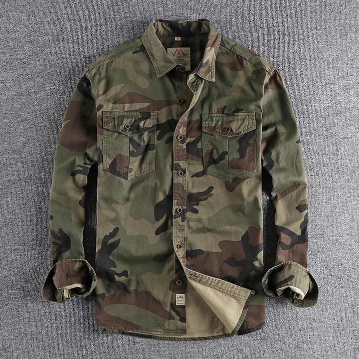 Men's camouflage button-up shirt with two chest pockets