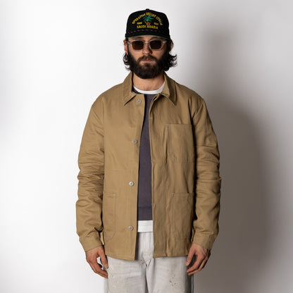 Men's brown utility jacket with point collar, button front and patch pockets