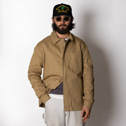 Men's brown utility jacket with point collar, button front and patch pockets