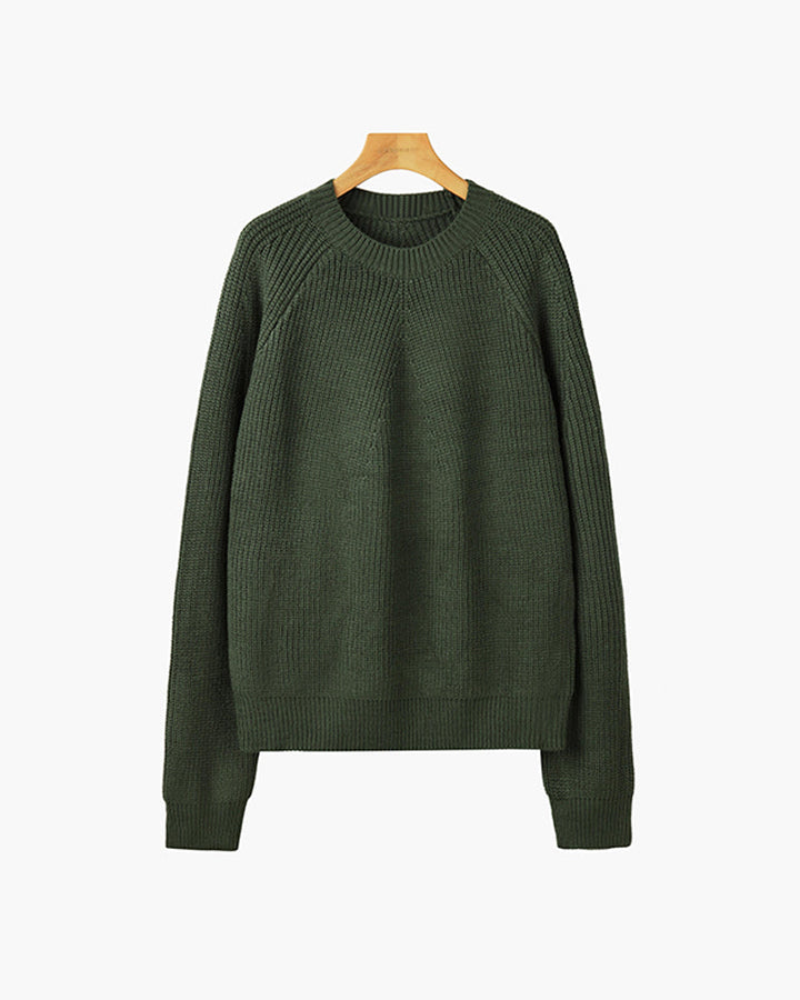 Unisex ribbed crew neck sweater in green and white, long sleeves, relaxed fit