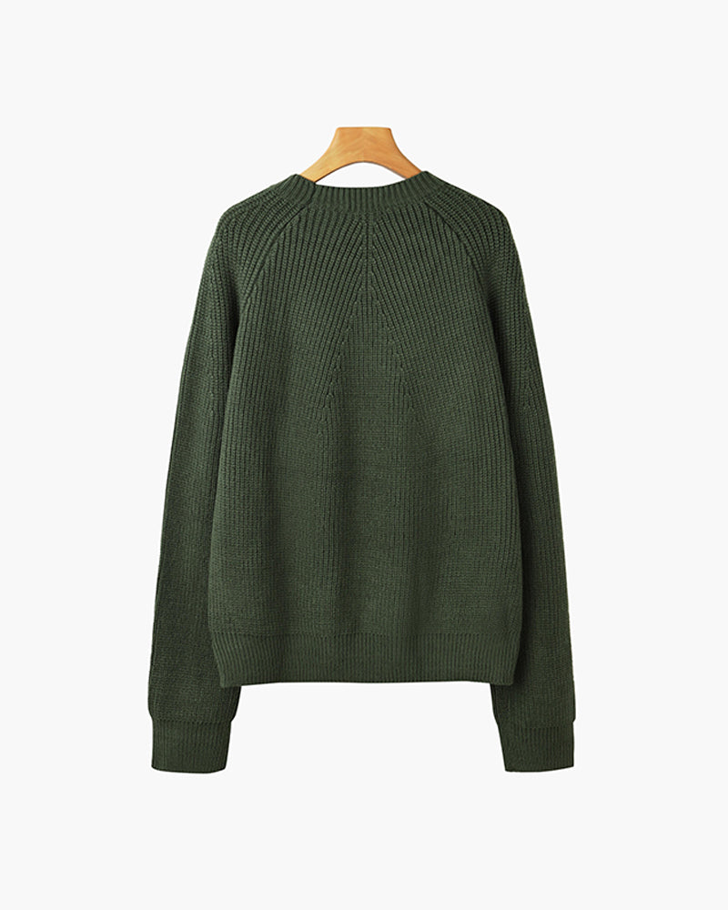 Unisex ribbed crew neck sweater in green and white, long sleeves, relaxed fit