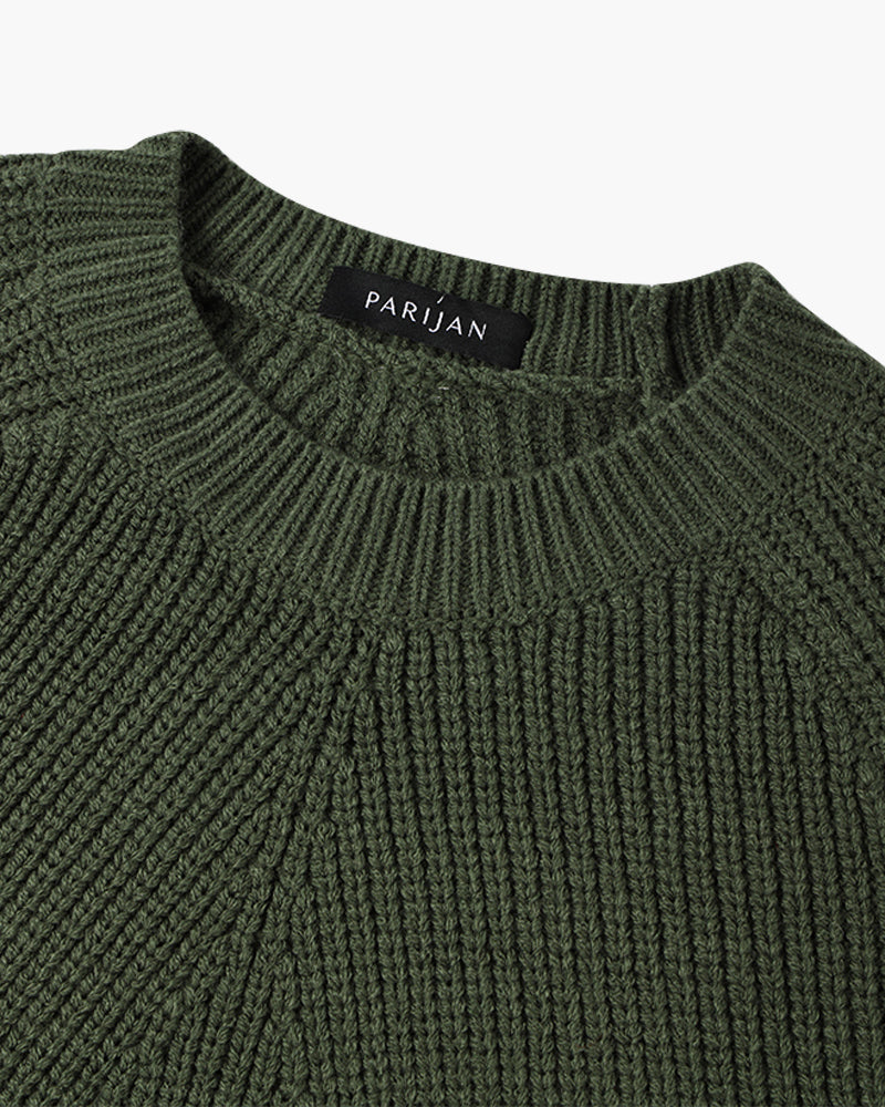 Unisex ribbed crew neck sweater in green and white, long sleeves, relaxed fit
