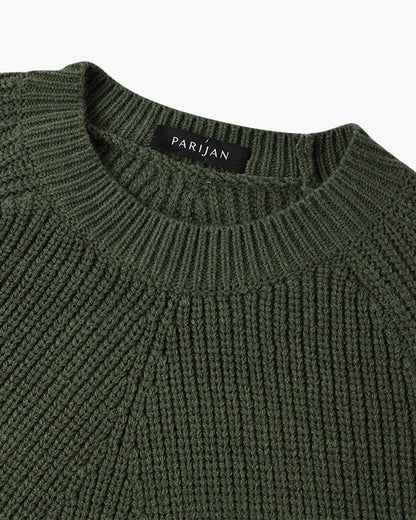 Unisex ribbed crew neck sweater in green and white, long sleeves, relaxed fit