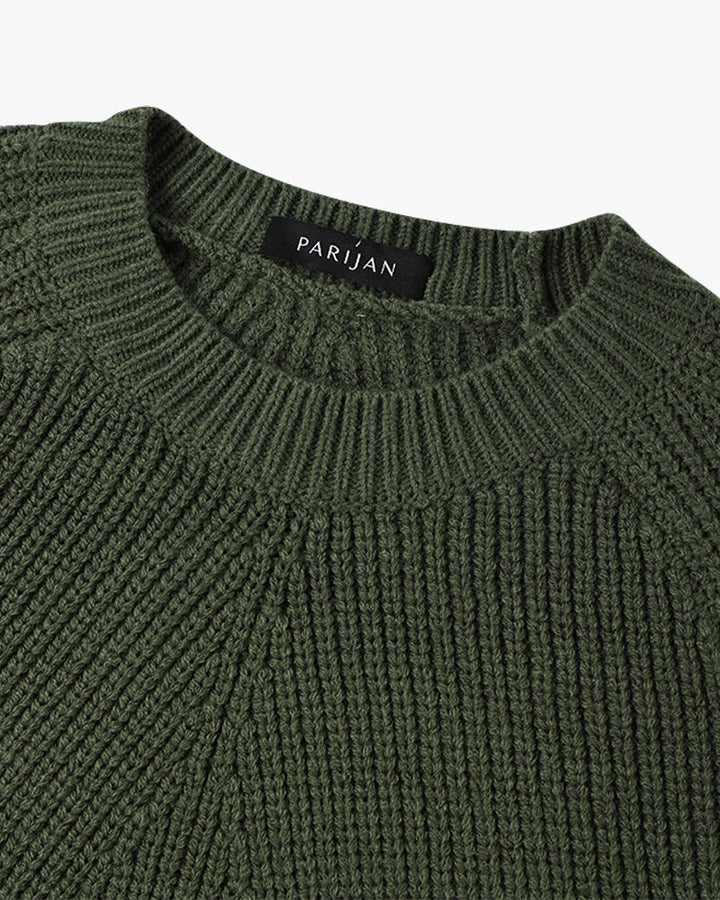 Unisex ribbed crew neck sweater in green and white, long sleeves, relaxed fit
