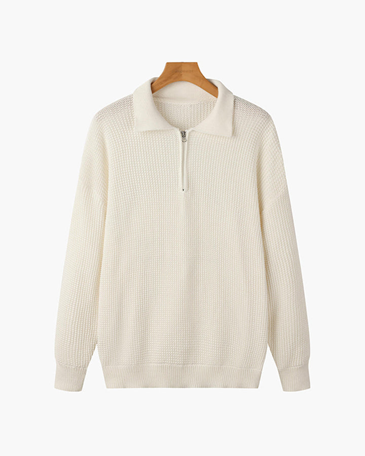 Men's ribbed quarter-zip sweater with collar in white and black