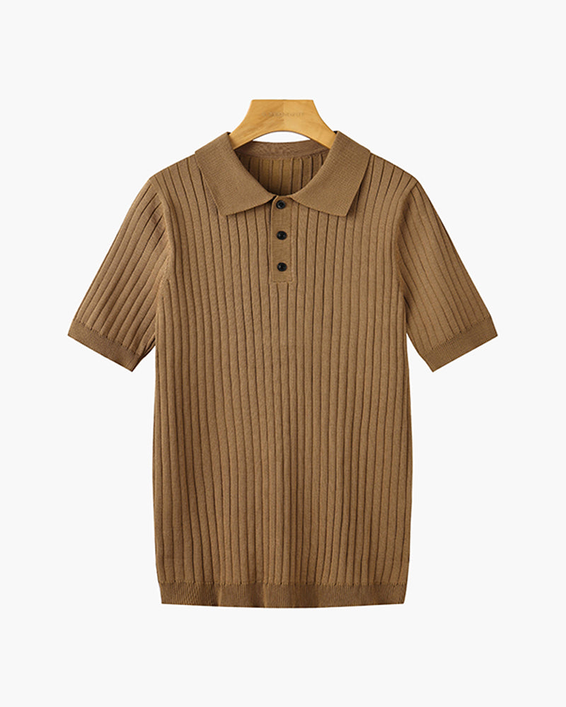 Men's short-sleeve ribbed knitted polo shirt with pointed collar and button placket