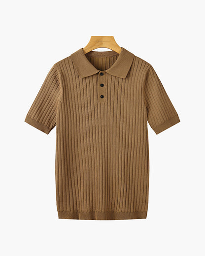 Men's short-sleeve ribbed knitted polo shirt with pointed collar and button placket