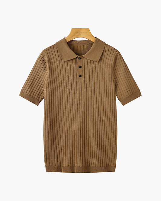 Men's short-sleeve ribbed knitted polo shirt with pointed collar and button placket
