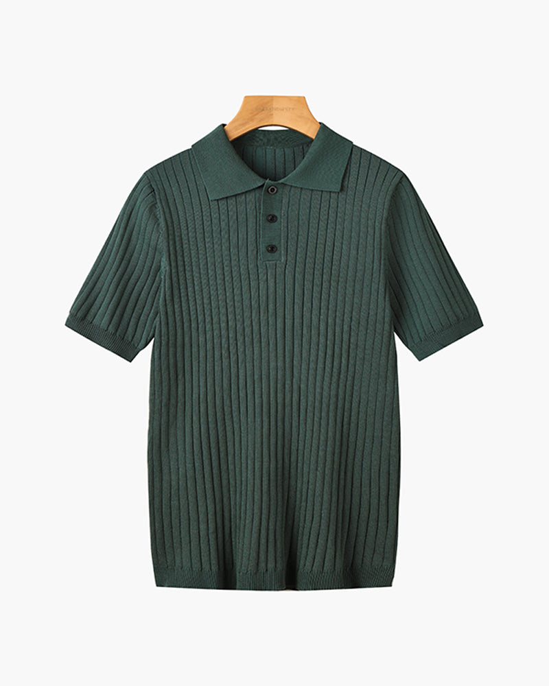 Men's short-sleeve ribbed knitted polo shirt with pointed collar and button placket