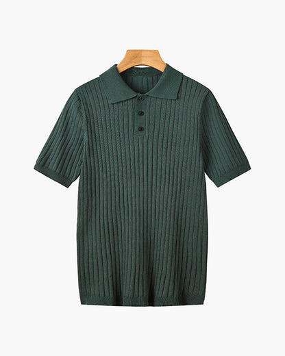 Men's short-sleeve ribbed knitted polo shirt with pointed collar and button placket