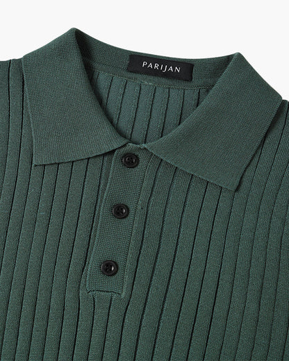 Men's short-sleeve ribbed knitted polo shirt with pointed collar and button placket