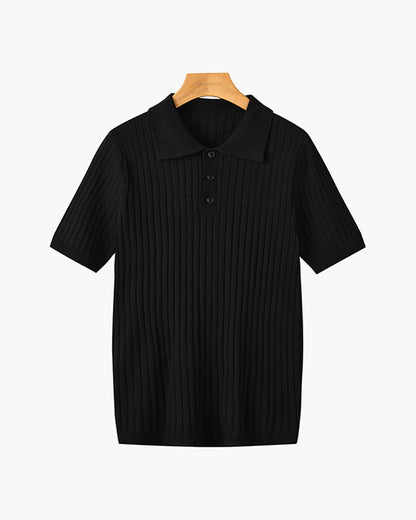 Men's short-sleeve ribbed knitted polo shirt with pointed collar and button placket